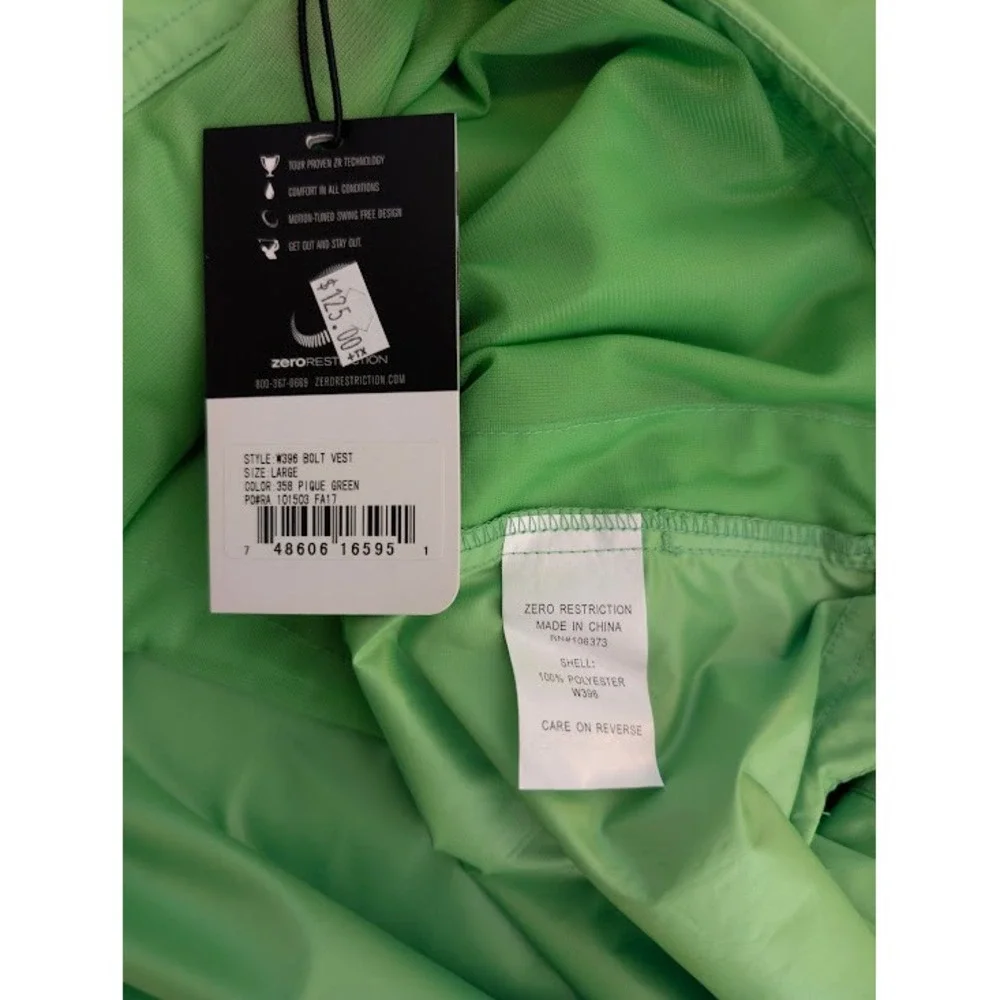 Zero Restriction Golf Vest Mens L Lime Green Navy Vented Wind Rain Resistant NWT